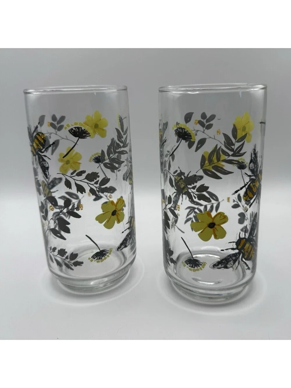 Vintage Bumble Bee Highball Glasses Set of 2 Yellow Flowers Charcoal Grey Leaves
